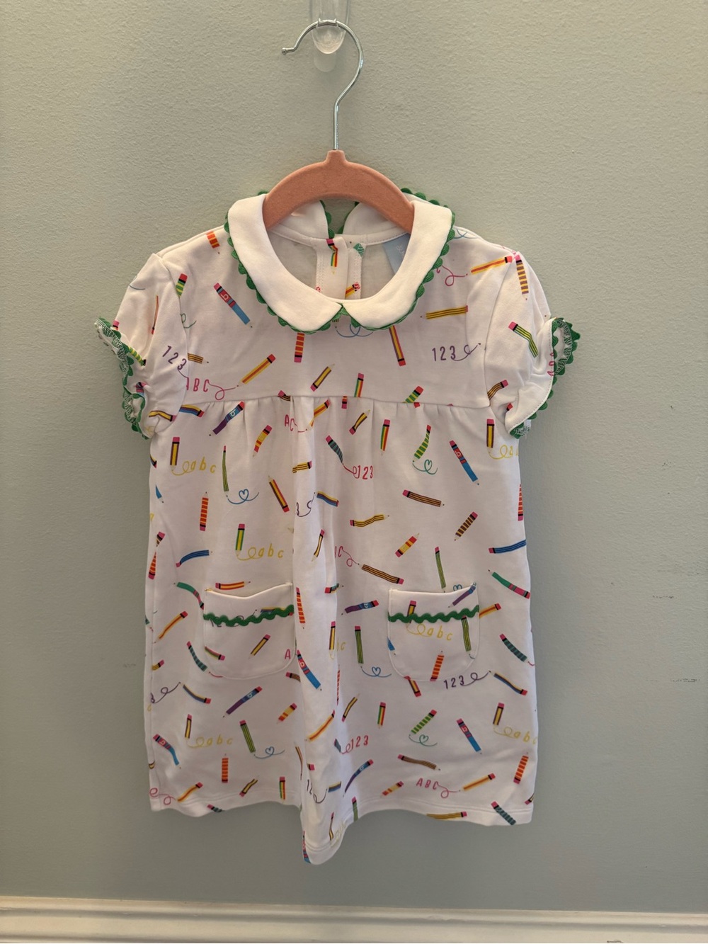 bella bliss White Dress with Colorful Pencil Print and Green Scallop Trim